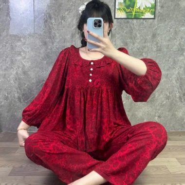 Quần dài babydoll phom to cổ bèo phối nút Đồ bộ tole lanh nữ mặc nhà tay dài, 179k