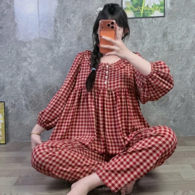 Quần dài babydoll phom to cổ bèo phối nút Đồ bộ tole lanh nữ mặc nhà tay dài, 179k