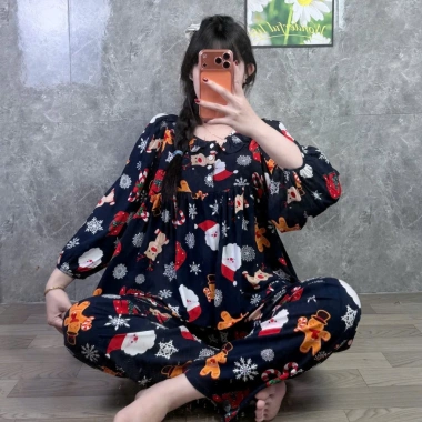 Quần dài babydoll phom to cổ bèo phối nút Đồ bộ tole lanh nữ mặc nhà tay dài, 179k