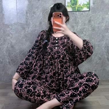 Quần dài babydoll phom to cổ bèo phối nút Đồ bộ tole lanh nữ mặc nhà tay dài, 179k