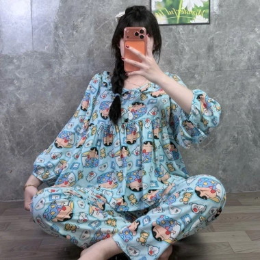 Quần dài babydoll phom to cổ bèo phối nút Đồ bộ tole lanh nữ mặc nhà tay dài, 179k