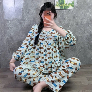 Quần dài babydoll phom to cổ bèo phối nút Đồ bộ tole lanh nữ mặc nhà tay dài, 179k