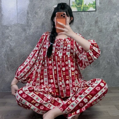 Quần dài babydoll phom to cổ bèo phối nút Đồ bộ tole lanh nữ mặc nhà tay dài, 179k