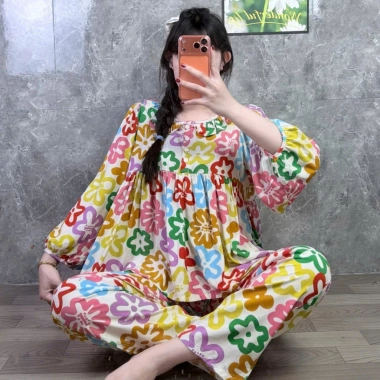 Quần dài babydoll phom to cổ bèo phối nút Đồ bộ tole lanh nữ mặc nhà tay dài, 179k