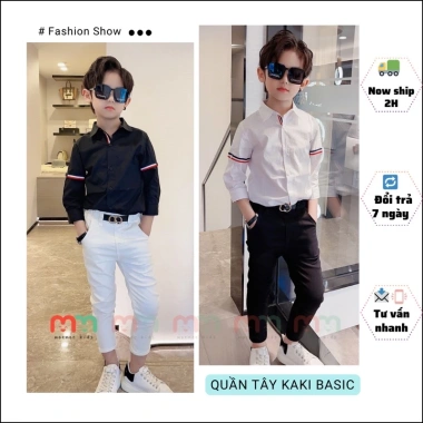 Quần dài bé trai kaki trắng/đen đi tiệc, mềm co dãn, 13‑52kg, giảm giá 195k 4