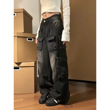 Quần denim ống rộng loang xám đen, nhiều túi, thời trang nam nữ giảm giá 22%