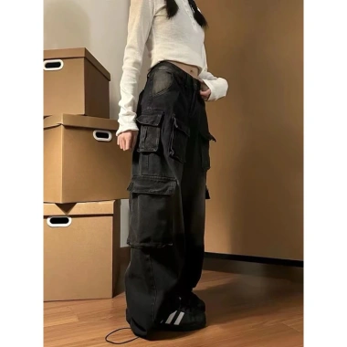 Quần denim ống rộng loang xám đen, nhiều túi, thời trang nam nữ giảm giá 22%