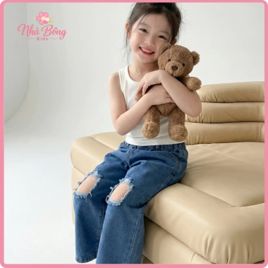 Quần Jean Bé Gái Ống Suông Lưng Thun Phối Rách Cá Tính, Mềm Co Giãn, Nhà Bông 2