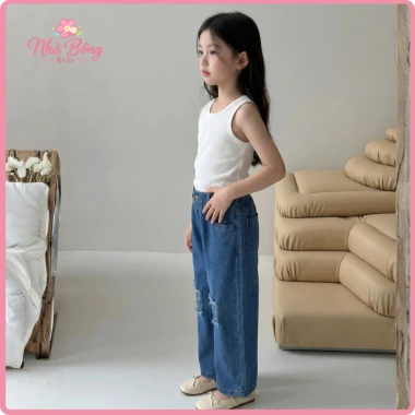 Quần Jean Bé Gái Ống Suông Lưng Thun Phối Rách Cá Tính, Mềm Co Giãn, Nhà Bông 3