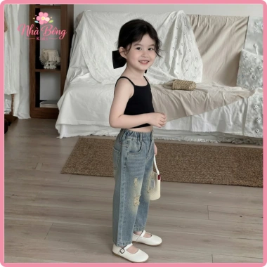 Quần Jean Bé Gái Ống Suông Rách Gối, Mềm Co Giãn, Phong Cách Cá Tính - Nhà Bông Kids 209k 2