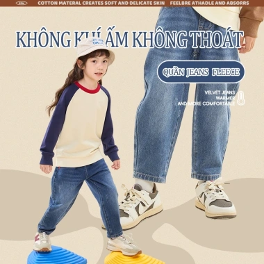 Quần jean bé trai HKAM lông cừu mùa đông, chống mài mòn, in hình gấu - 320k 2
