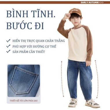 Quần jean bé trai HKAM lông cừu mùa đông, chống mài mòn, in hình gấu - 320k 4