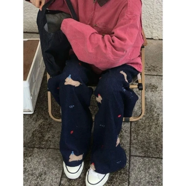 Quần jean denim ống đứng cạp cao hoạ tiết dễ thương Thời trang nam nữ 296,000₫