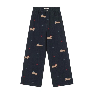 Quần jean denim ống đứng cạp cao hoạ tiết dễ thương Thời trang nam nữ 296,000₫