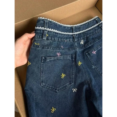 Quần jean denim ống đứng thêu nơ ren phong cách Hàn Quốc, giá chỉ 300.000 VND 5