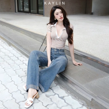 Quần Jean Kaylin Basic form suông ống rộng, Denim dày dặn, phong cách N2.158
