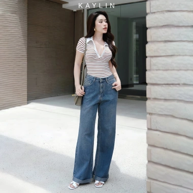 Quần Jean Kaylin Basic form suông ống rộng, Denim dày dặn, phong cách N2.158