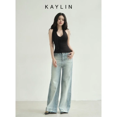 Quần jean Kaylin form suông, denim dày dặn, nút phối Hè 2.025 - Giá 600k