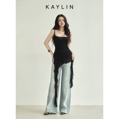 Quần jean Kaylin form suông, denim dày dặn, nút phối Hè 2.025 - Giá 600k