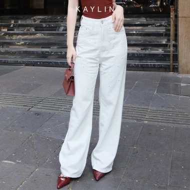 Quần Jean Kaylin Form Suông Đính Hạt Denim Dày Dặn, Phong Cách, Giá 650k
