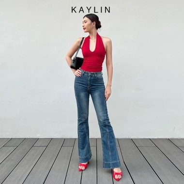 Quần jean KAYLIN ống loe denim dày dặn phong cách basic đường phố - Giá chỉ 520k