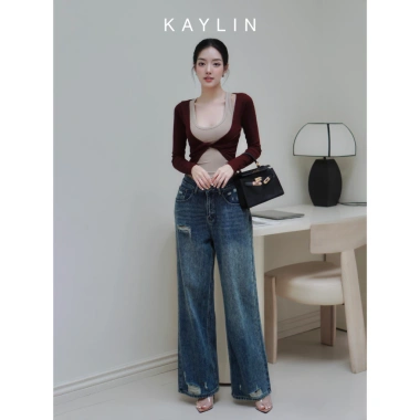 Quần jean Kaylin ống suông denim dày dặn, giá chỉ 600.000đ (giảm từ 720.000đ), phong cách N2.370