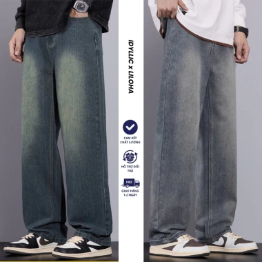 Quần Jean Nam Dài Ống Suông Đứng Form Rộng Xám Wash Retro Denim Cao Cấp HELLOYOU Giá 189k