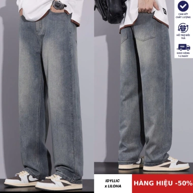 Quần Jean Nam Dài Ống Suông Đứng Form Rộng Xám Wash Retro Denim Cao Cấp HELLOYOU Giá 189k