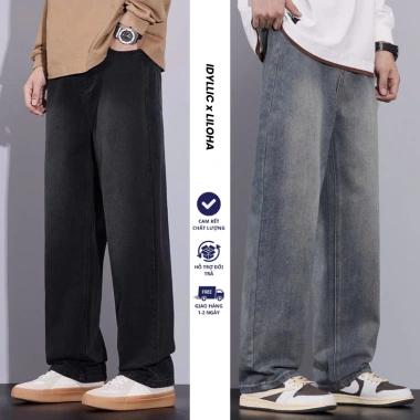 Quần Jean Nam Dài Ống Suông Đứng Form Rộng Xám Wash Retro Denim Cao Cấp HELLOYOU Giá 189k