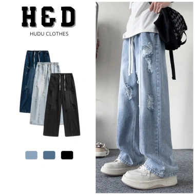 Quần Jean Nam Loang Rách Ống Rộng Suông, Gối Cạp Chun Dây Rút QJ02 H&D - 179k