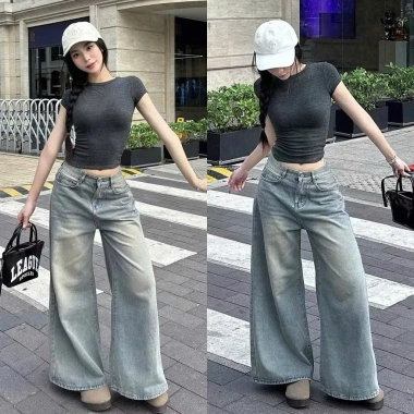 Quần Jean Nữ Ống Siêu Rộng Cạp Cao Hàn Quốc - Tôn Dáng, Denim Bò Mềm, Đầy Đủ Size, Giá 104.500 VND