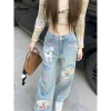 Quần Jean Nữ Thu Đông Plus Size In Hình Hoạt Hình, Rời Mỏng, Ống Rộng, Quần Sàn 264.924 VND