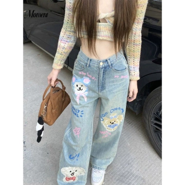 Quần Jean Nữ Thu Đông Plus Size In Hình Hoạt Hình, Rời Mỏng, Ống Rộng, Quần Sàn 264.924 VND