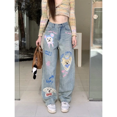 Quần Jean Nữ Thu Đông Plus Size In Hình Hoạt Hình, Rời Mỏng, Ống Rộng, Quần Sàn 264.924 VND