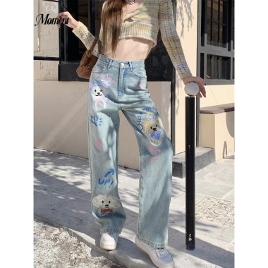 Quần Jean Nữ Thu Đông Plus Size In Hình Hoạt Hình, Rời Mỏng, Ống Rộng, Quần Sàn 264.924 VND
