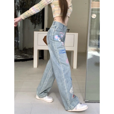 Quần Jean Nữ Thu Đông Plus Size In Hình Hoạt Hình, Rời Mỏng, Ống Rộng, Quần Sàn 264.924 VND