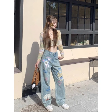 Quần Jean Nữ Thu Đông Plus Size In Hình Hoạt Hình, Rời Mỏng, Ống Rộng, Quần Sàn 264.924 VND 6 Quần Jean Nữ Thu Đông Plus Size In Hình Hoạt Hình, Rời Mỏng, Ống Rộng, Quần Sàn 264.924 VND 6