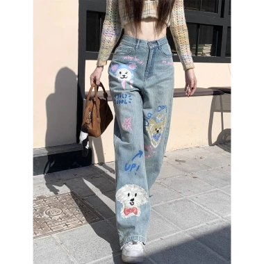 Quần Jean Nữ Thu Đông Plus Size In Hình Hoạt Hình, Rời Mỏng, Ống Rộng, Quần Sàn 264.924 VND