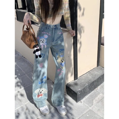 Quần Jean Nữ Thu Đông Plus Size In Hình Hoạt Hình, Rời Mỏng, Ống Rộng, Quần Sàn 264.924 VND