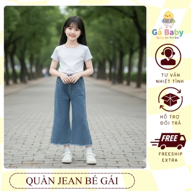Quần Jean Ống Loe Bé Gái Cạp Thun Co Giãn, Quần Bò Ống Rộng K5.135.691 Giá 199.000 VND