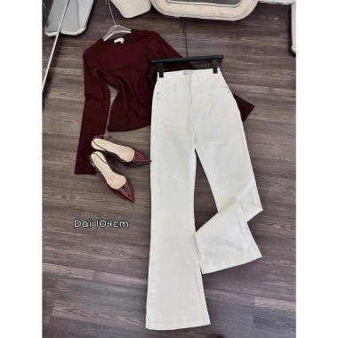 Quần jean ống loe trắng cạp cao, túi viền lưng cao, co giãn, tôn dáng - 229k