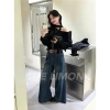 Quần jean ống rộng The Limon đai đỏ, xanh đậm - Giá chỉ 390.000 VND, giảm 105.300 2