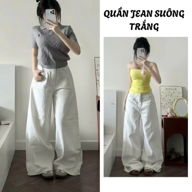 Quần Jean Trắng Nữ Cạp Cao Ống Suông Rộng 28cm - Vải Mềm, Đủ Size, Giá 114k