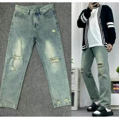 Quần Jeans Baggy Nam Ống Rộng Cạp Cao Wash Xanh Rêu Rách QJ955 Cotton Dáng Suông 2
