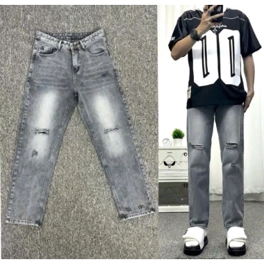 Quần Jeans Baggy Nam Ống Rộng Cạp Cao Wash Xanh Rêu Rách QJ955 Cotton Dáng Suông 3