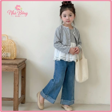 Quần Jeans Bé Gái Ống Suông Lưng Thun Gấu Xắn Tua Nhẹ Vải Bò Mềm Mịn - Giá 199k 2