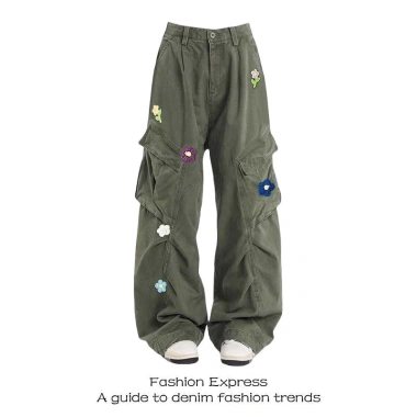Quần jeans công sở nữ thêu nhiều túi, ống đứng rộng, mùa xuân 2.025 - Giá 386k