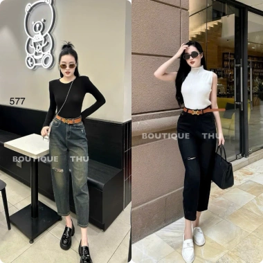 Quần Jeans Nữ Baggy Co Giãn Rách Gối Lưng Cao Tôn Dáng với Belt Cao Cấp - 445.550₫
