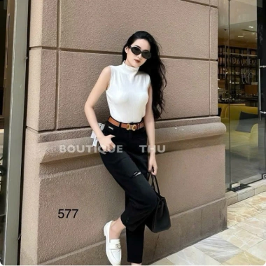 Quần Jeans Nữ Baggy Co Giãn Rách Gối Lưng Cao Tôn Dáng với Belt Cao Cấp - 445.550₫