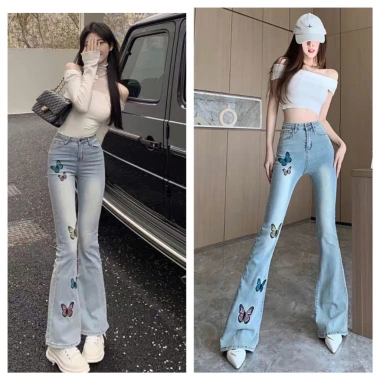 Quần jeans nữ cạp cao ống loe thêu bướm, ống rộng thời trang 2.025, chỉ 129k